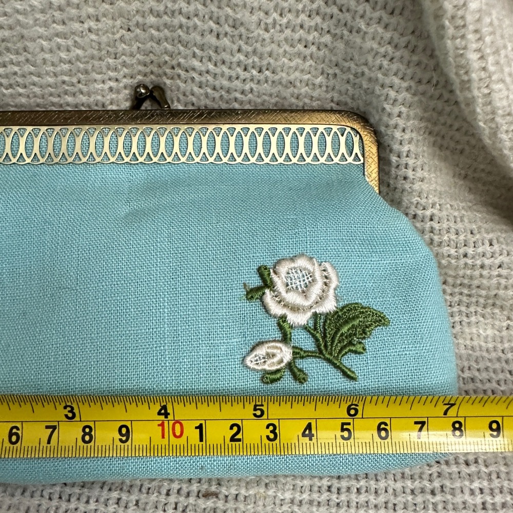 Vintage Kiss Lock Coin Purse Mirror Set Aqua Embroidered Rose Coquette Cottage - Picture 5 of 11